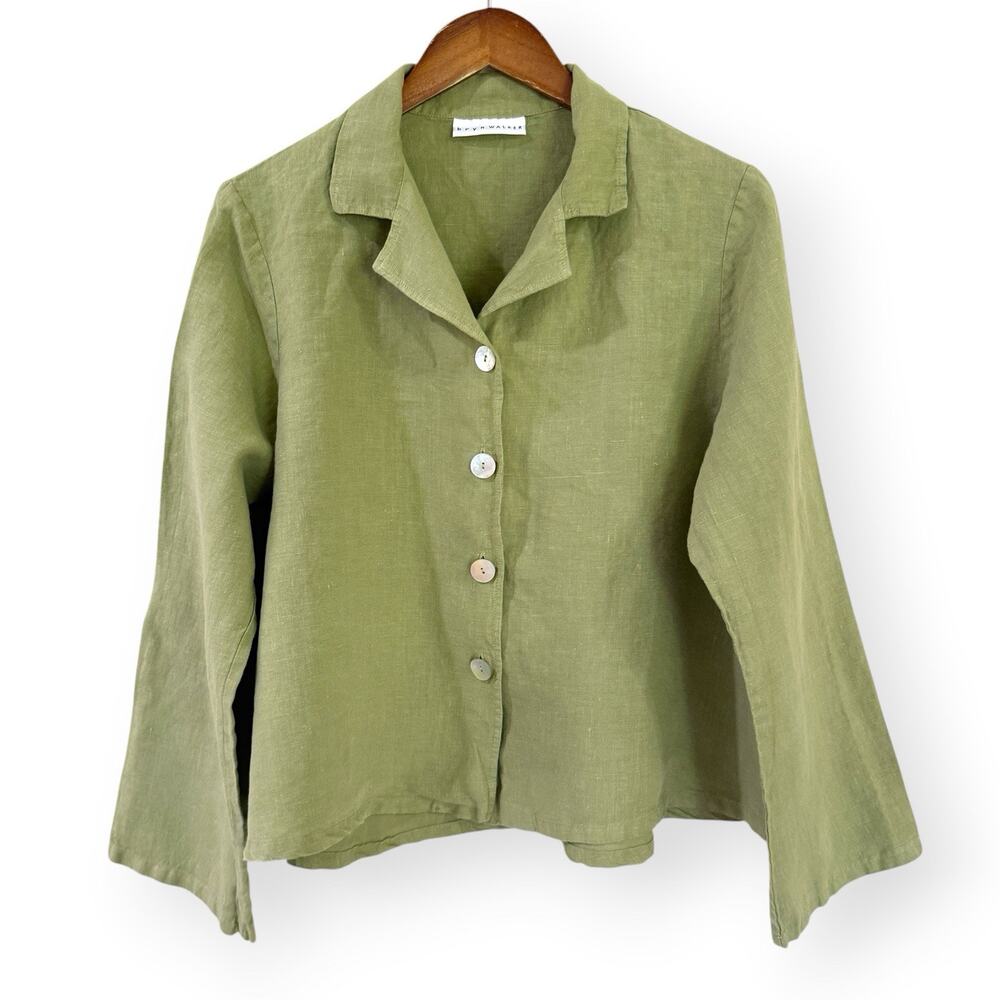 Bryn Walker Button Up Shirt M Green Linen Oversized Boxy Collared Lagenlook USA